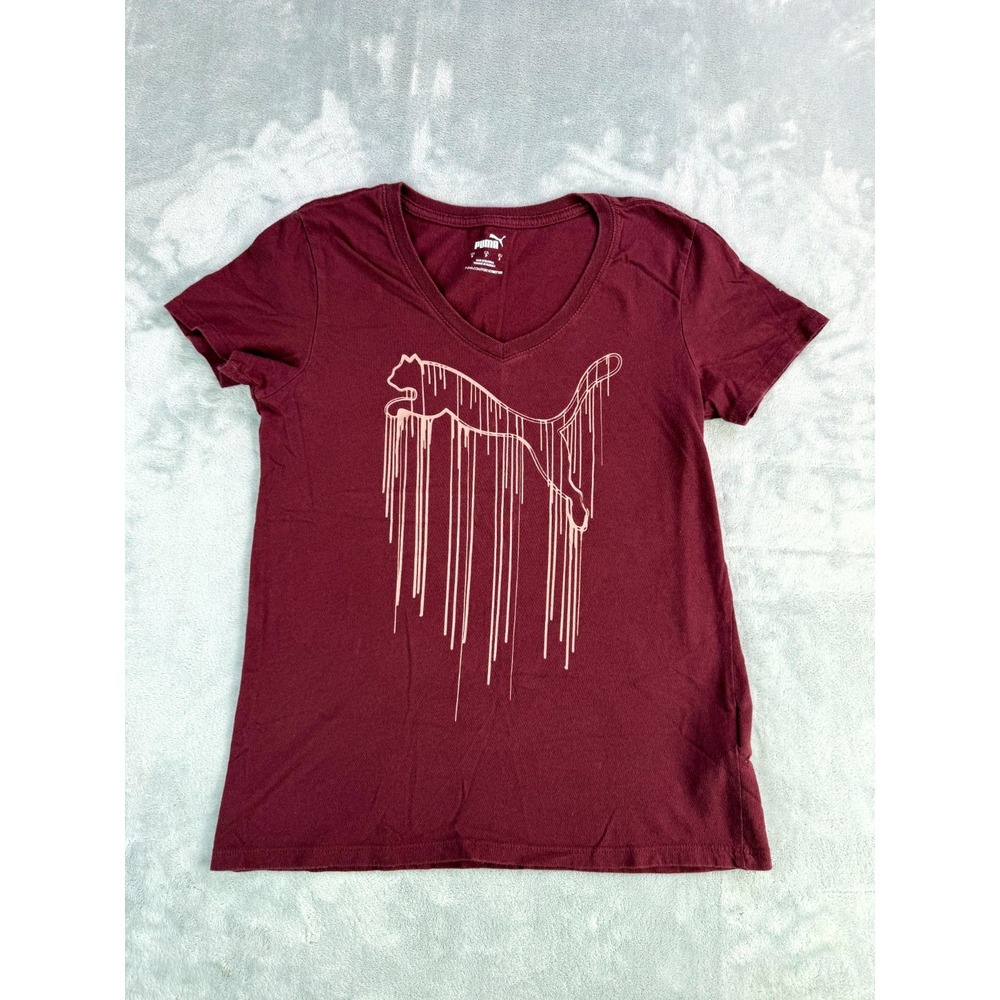 Puma T-Shirt Womens Small Maroon Cotton Drip Paint Cat Logo V-Neck Streetwear